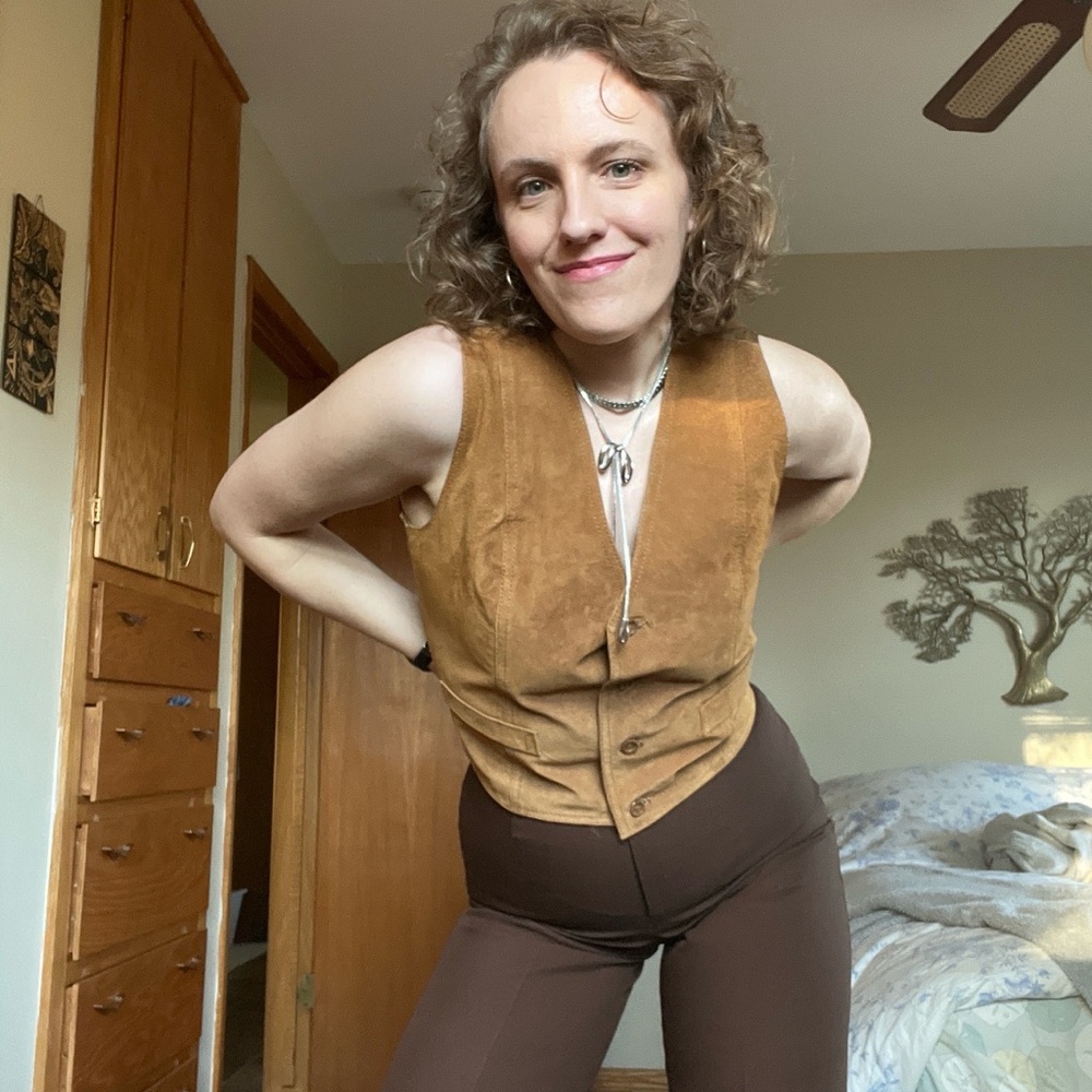 Vintage Caramel Suede Leather Vest with Satin Lining Size M